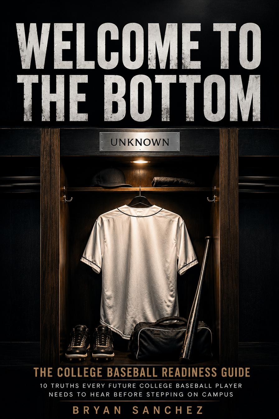 Welcome to the Bottom book cover: a locker with a nameplate reading UNKNOWN, a blank white jersey, cap, bat, cleats, and equipment bag.